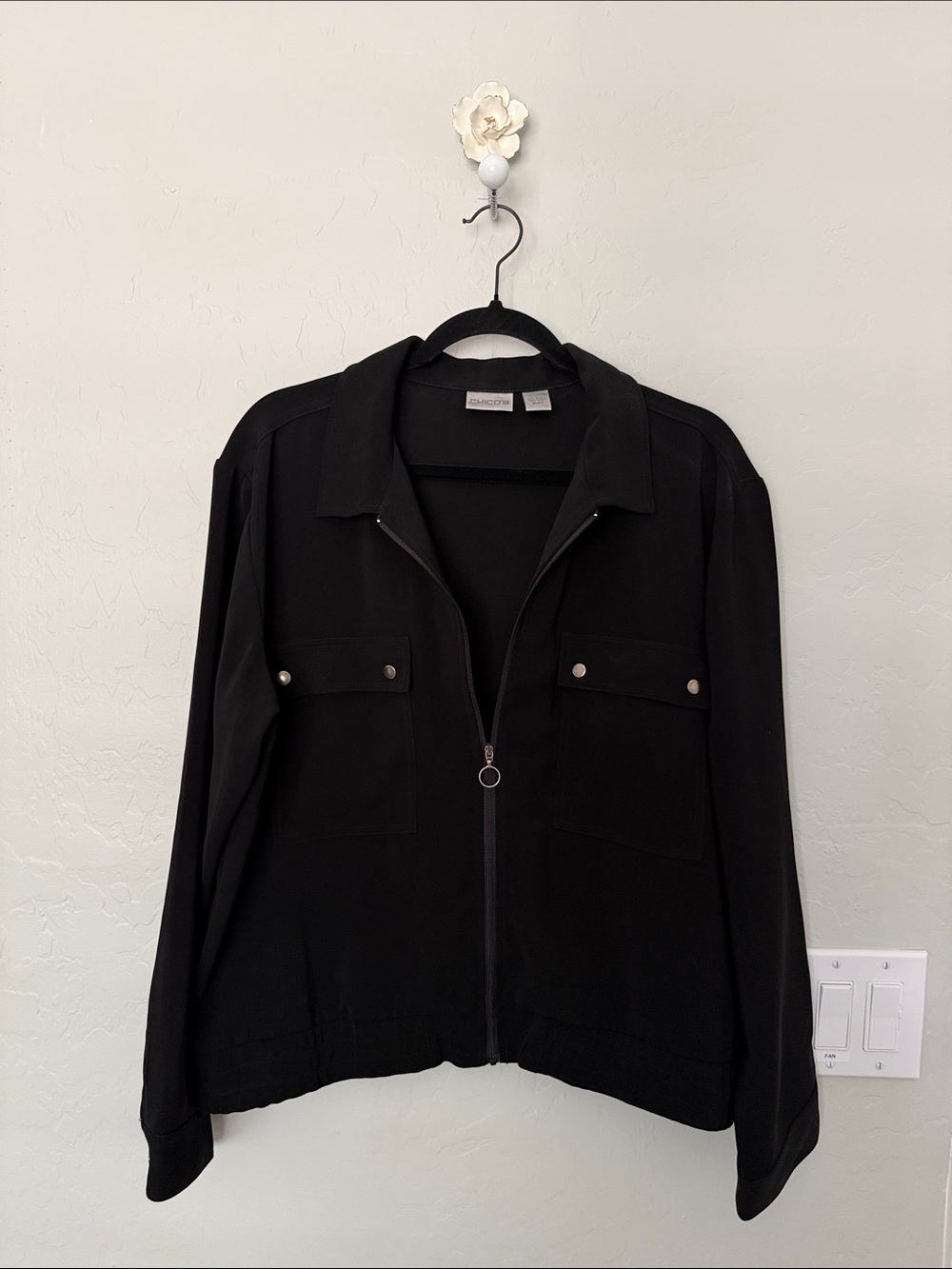 Chico's Black Zip-Front Bomber Jacket with Snap Flap Pockets